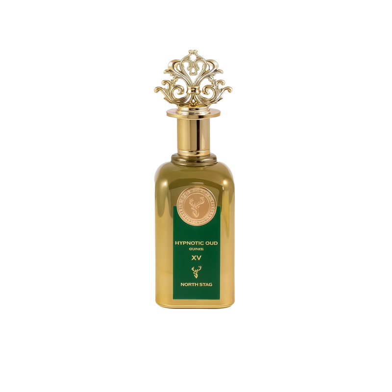 A luxurious gold perfume bottle labeled "Hypnotic Oud Quinze XV" by North Stag, a Paris Corner product. The bottle has a reflective, polished gold surface with a green label featuring gold text and a stag logo at the bottom. A medallion with intricate des