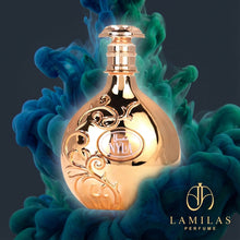 Luxury gold Nyla perfume bottle featuring ornate scrollwork, dramatically highlighted by green and blue swirling smoke effects.