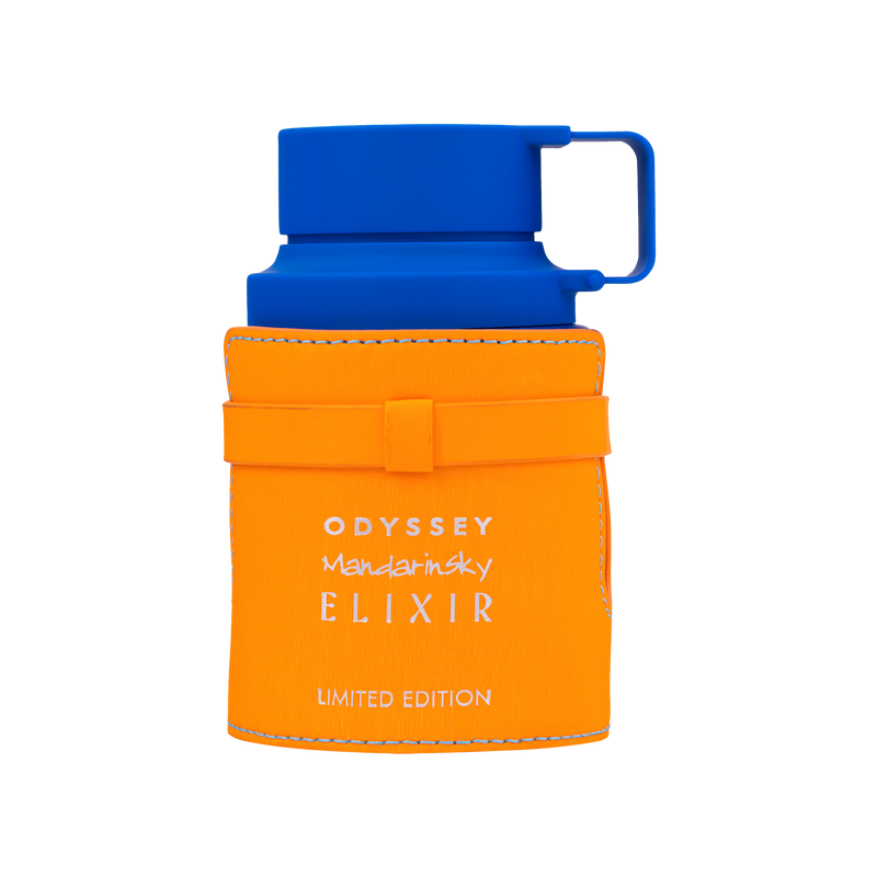 Bright blue and orange perfume bottle with stitched leather wrap and Odyssey Mandarin Sky Elixir label.