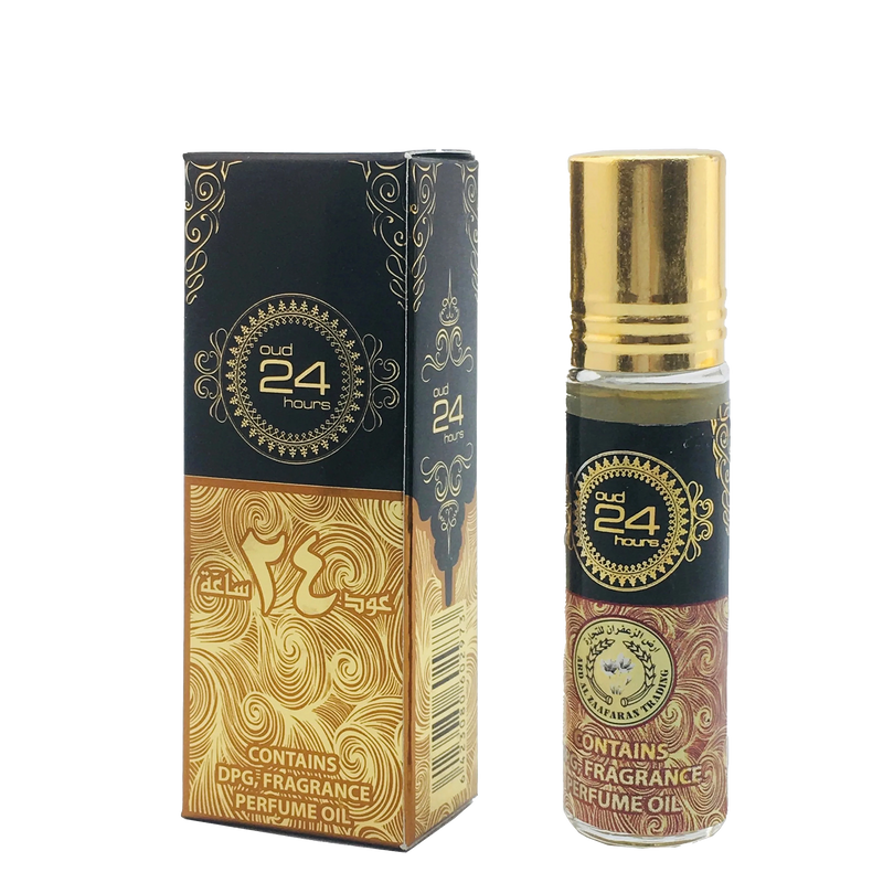 Oud 24 Hours perfume oil roll-on bottle with black and gold packaging and ornate swirl design.