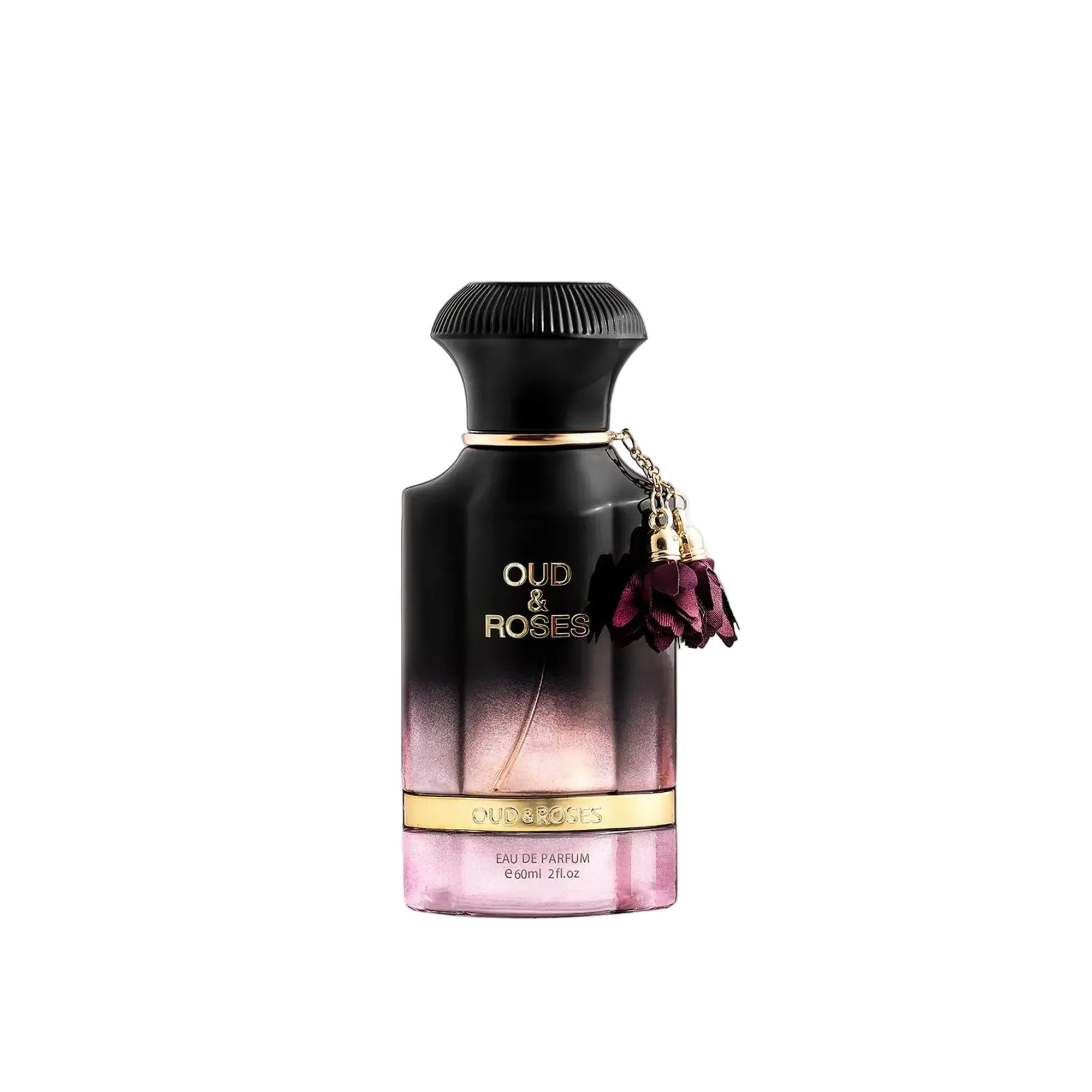 Oud & Roses eau de parfum bottle with a matte black upper half fading into pink, gold detailing, and a burgundy charm hanging from the neck.