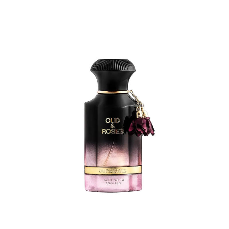 Oud & Roses eau de parfum bottle with a matte black upper half fading into pink, gold detailing, and a burgundy charm hanging from the neck.