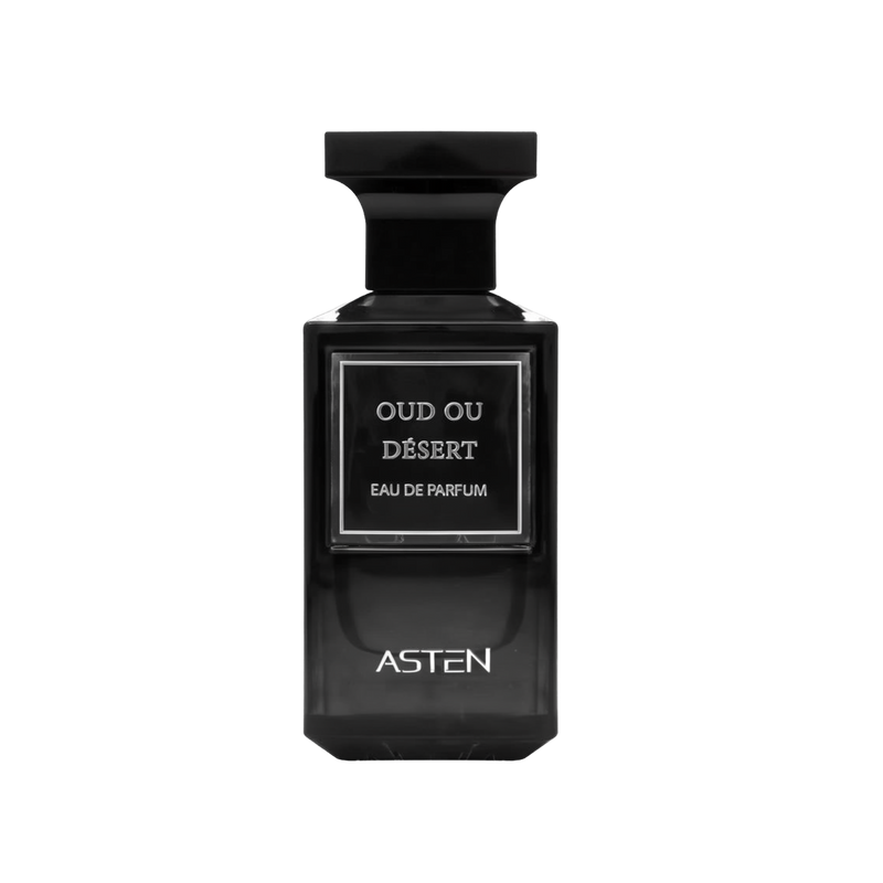 A rectangular black glass perfume bottle with a matching black, T-shaped cap. The front label reads “OUD OU DÉSERT Eau De Parfum,” and the brand name “ASTEN” is printed near the bottom.