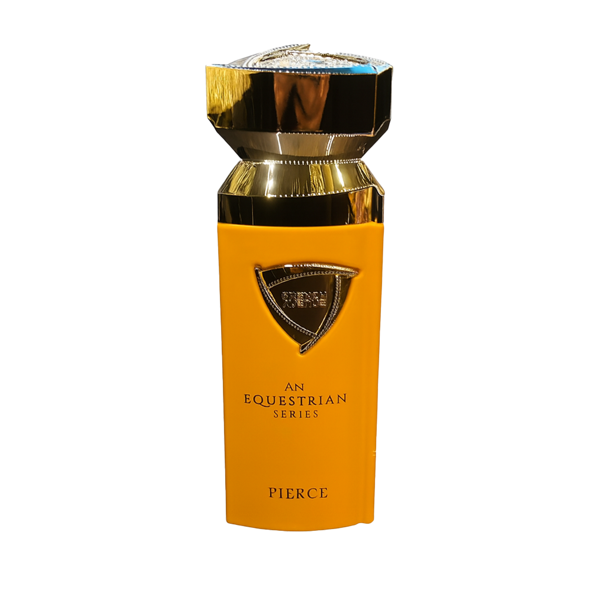 Armaf Pierce perfume bottle from the Equestrian Series in matte yellow with metallic gold cap and shield emblem detail.