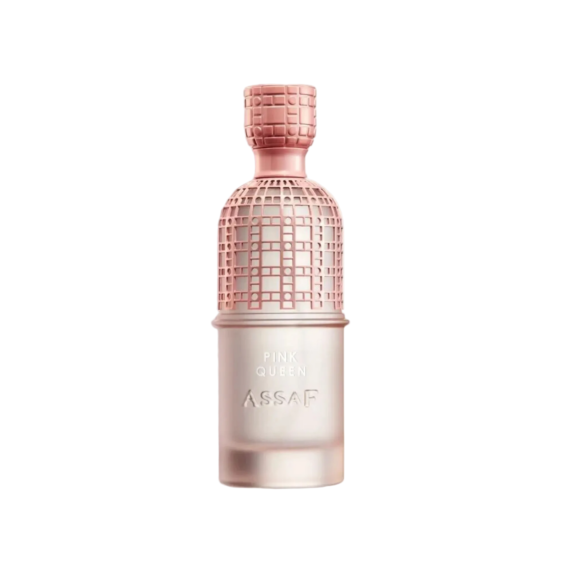 Assaf Pink Queen perfume bottle in blush pink with a textured lattice design and matching cap.