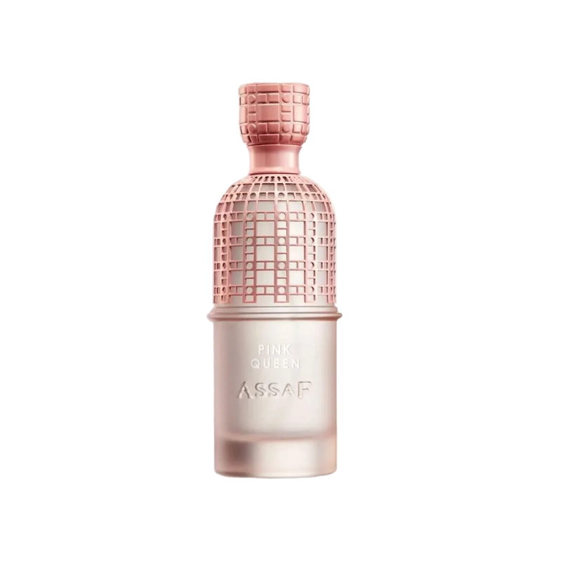 Assaf Pink Queen perfume bottle in blush pink with a textured lattice design and matching cap.