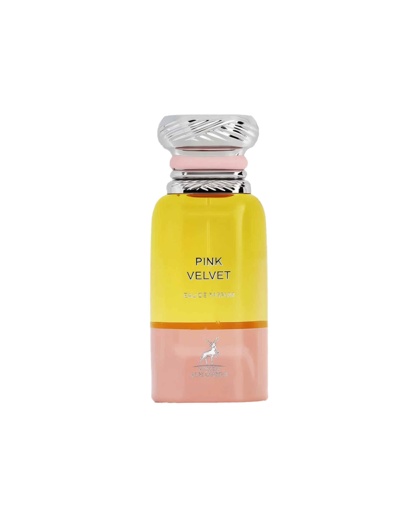 A tall, cylindrical perfume bottle with a metallic swirl cap, featuring a yellow top transitioning to a pink base, labeled ‘Pink Velvet Eau De Parfum’ by Maison Alhambra, with a deer logo at the bottom.