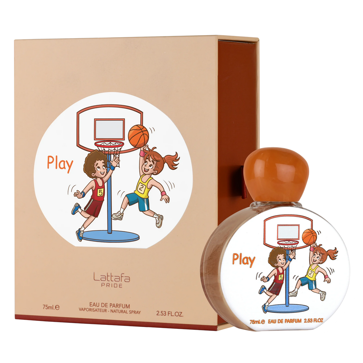 Lattafa Pride 'Play' perfume bottle and packaging with basketball design.