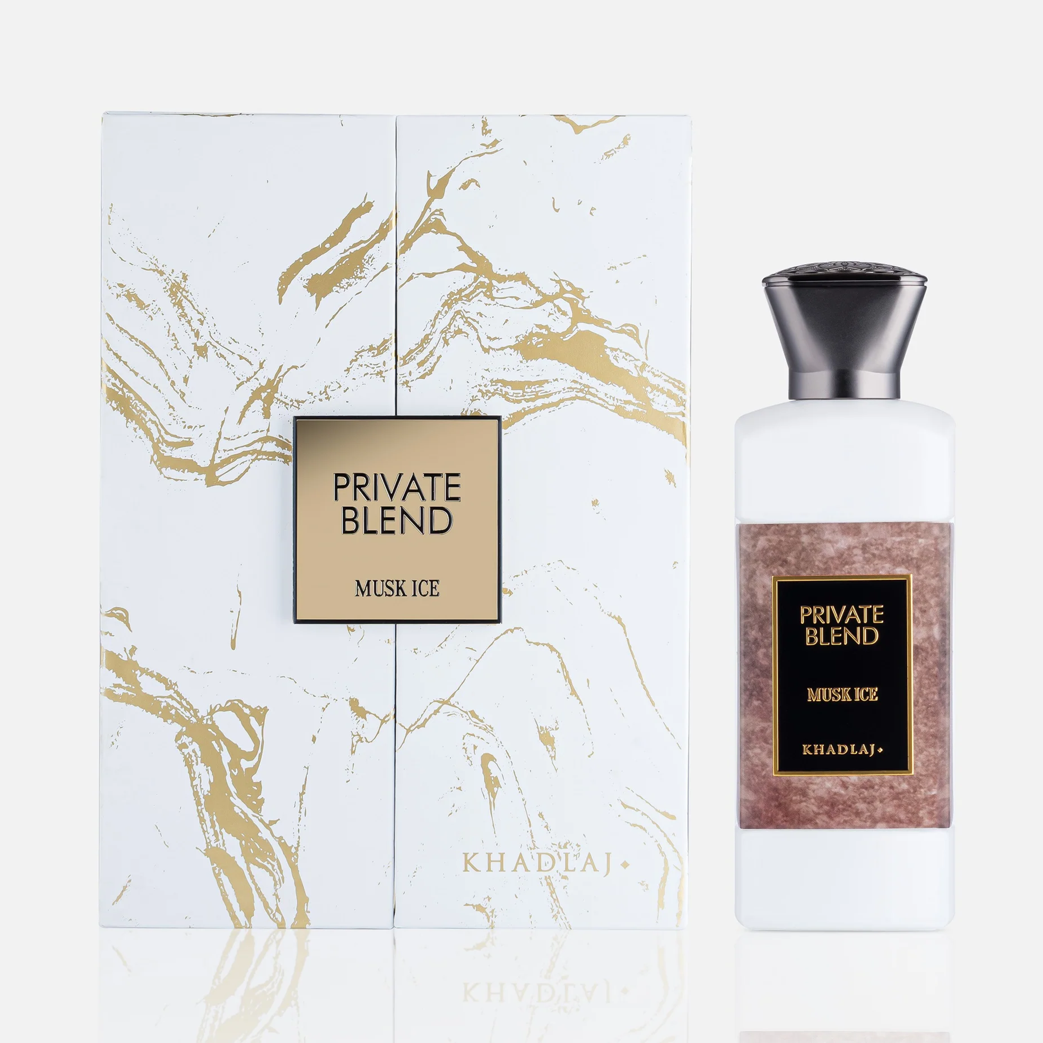 Khadlaj Private Blend Musk Ice perfume bottle and matching white and gold marble presentation box.