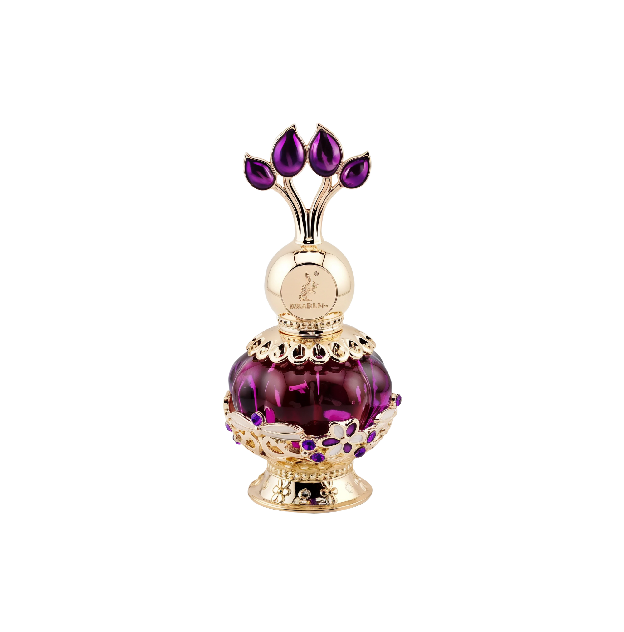 An elegant purple perfume bottle with a gold ornate cap featuring purple gemstones, displayed next to a luxurious purple box with gold floral patterns