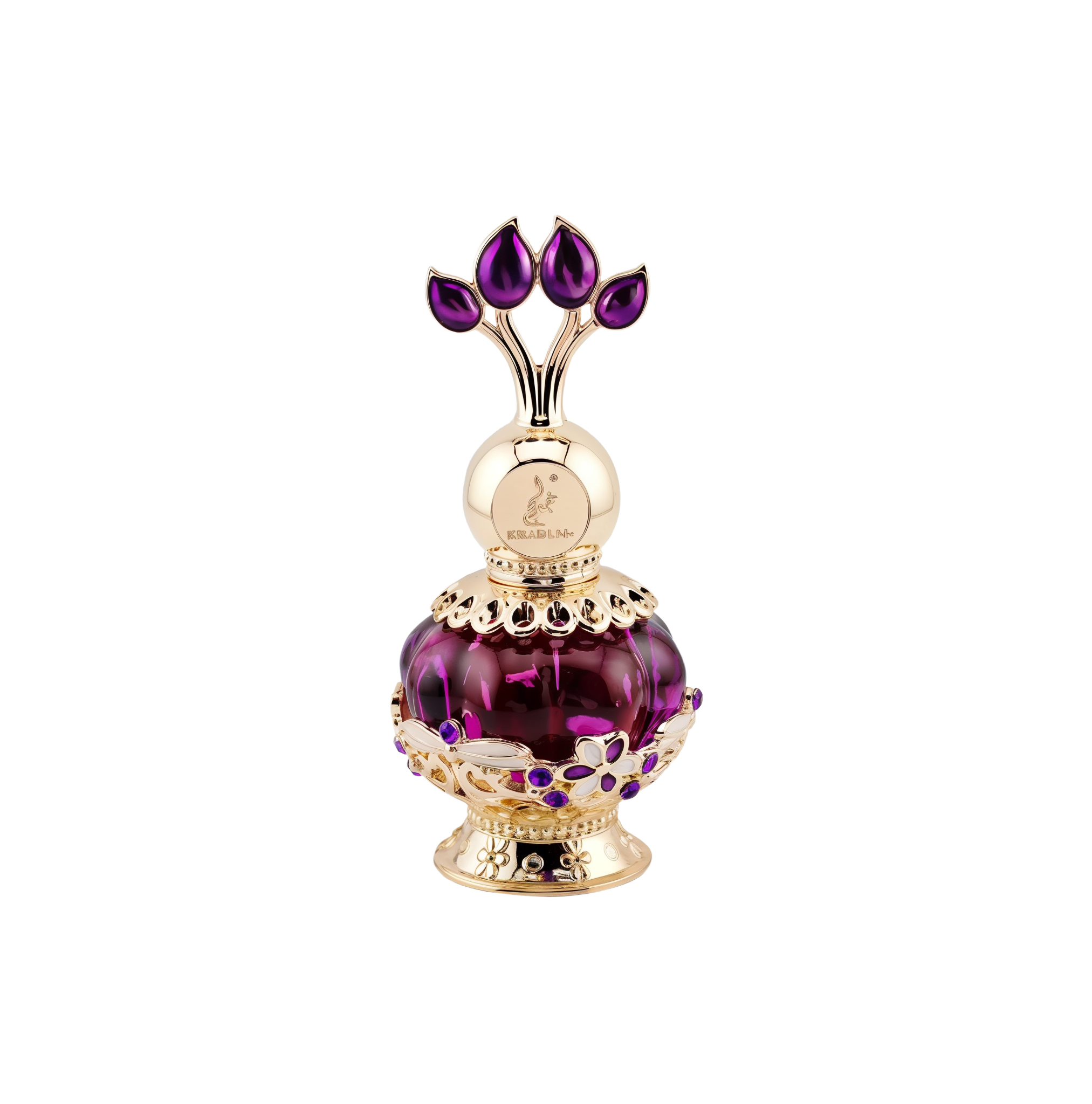 An elegant purple perfume bottle with a gold ornate cap featuring purple gemstones, displayed next to a luxurious purple box with gold floral patterns