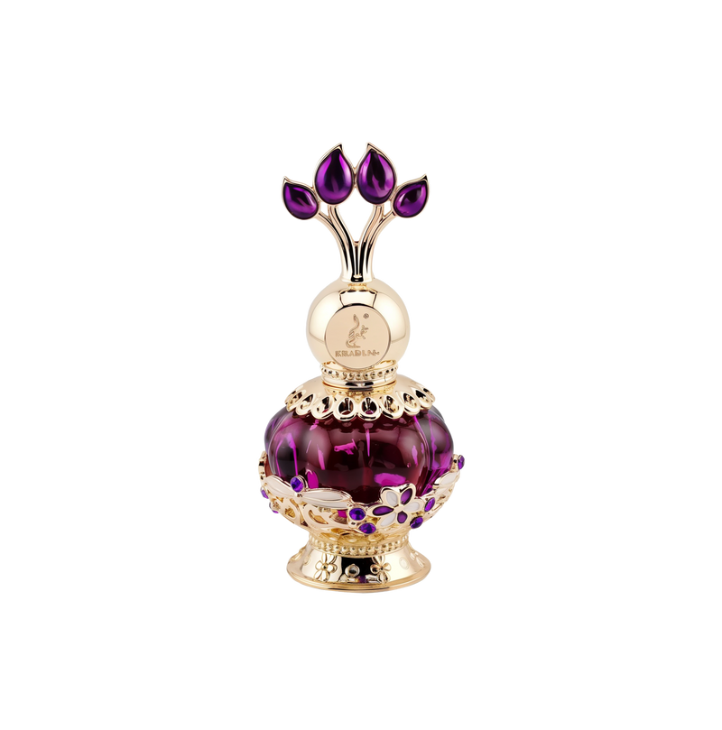 An elegant purple perfume bottle with a gold ornate cap featuring purple gemstones, displayed next to a luxurious purple box with gold floral patterns