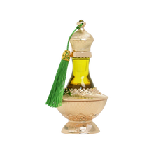 Luxurious gold perfume oil bottle (Quloob) with a clear glass neck displaying yellow oil and accented by a vibrant green tassel.afnan-quloob-concentrated-perfume-oil-gold-green-tassel.jpg