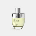The image showcases a perfume bottle with a simple yet elegant design. The bottle appears to be made of clear glass with a rounded base and a slightly tapered body. The perfume liquid inside has a pale yellow hue, suggesting a light and fresh scent. The bottle features a metallic silver cap which adds a modern touch to the overall look.