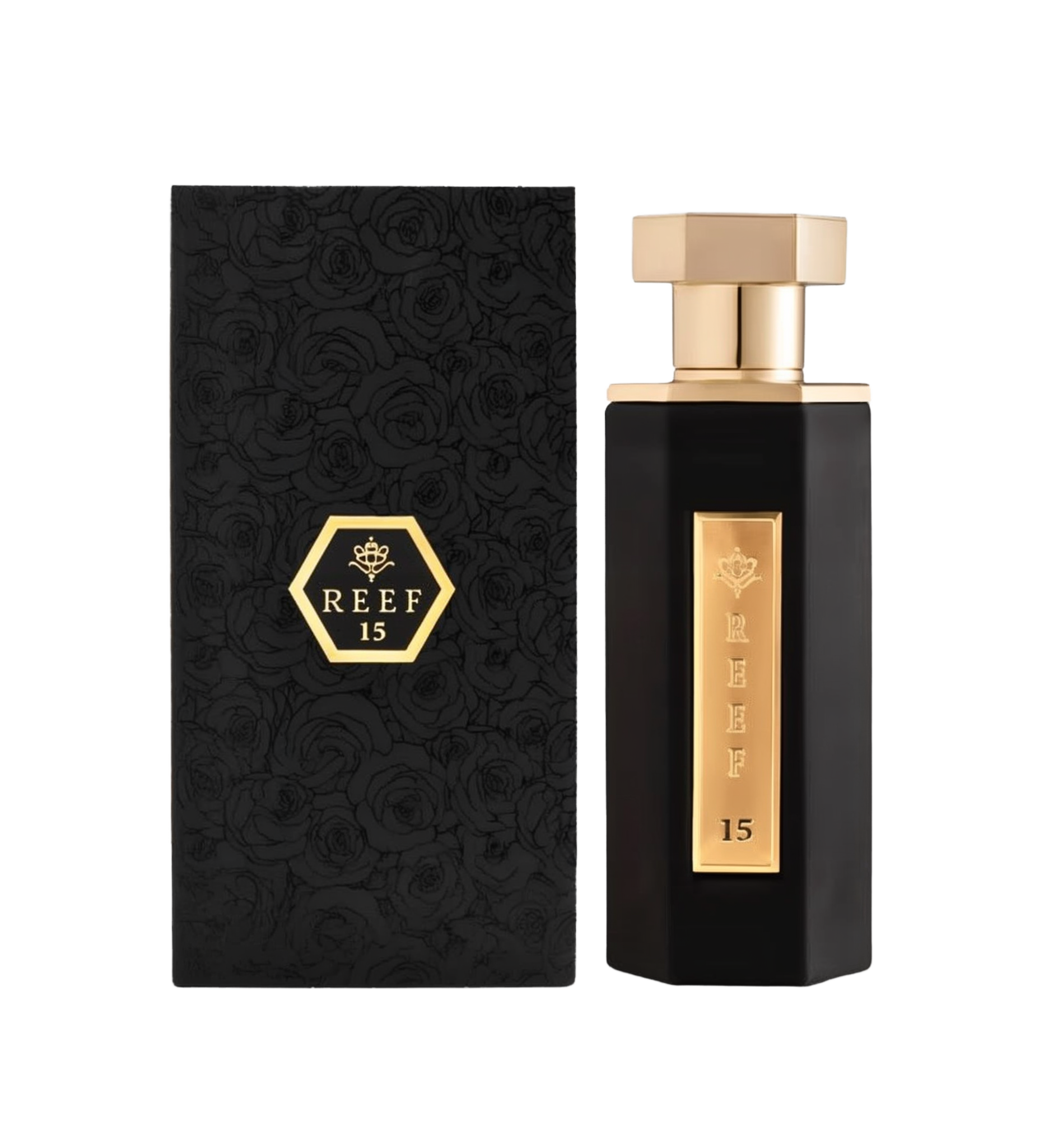 A luxurious bottle of Reef 15 perfume by Reef Perfumes, shown beside its matching box. The perfume bottle has a tall, angular design in sleek black, featuring a vertical gold panel engraved with 'REEF 15' and a crown emblem. It is topped with a polished hexagonal gold cap. The black box is adorned with an embossed floral rose pattern and a gold hexagon emblem containing the brand name and number, matching the elegant and refined look of the bottle.