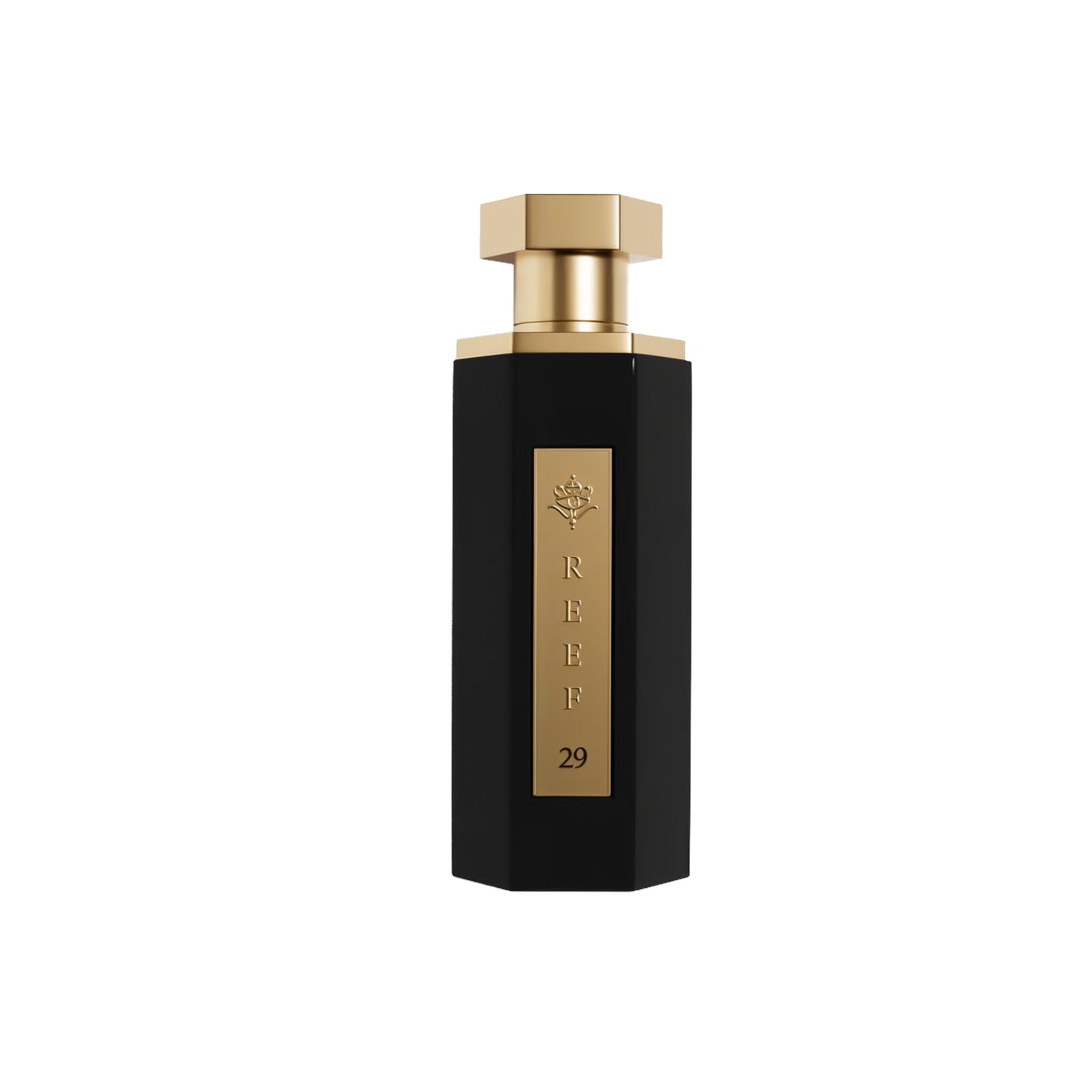 A sleek bottle of Reef 29 perfume by Reef Perfumes, featuring a tall, angular black design with a vertical gold nameplate engraved with 'REEF 29' and a crown emblem above the brand name. The bottle is topped with a polished hexagonal gold cap that complements the minimal yet luxurious aesthetic. The product is presented against a clean white background with a soft shadow.
