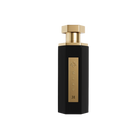A luxurious black perfume bottle with a hexagonal shape, with a gold cap and a  gold label. The label features a rose emblem, the word 'REEF' in vertical capital letters.