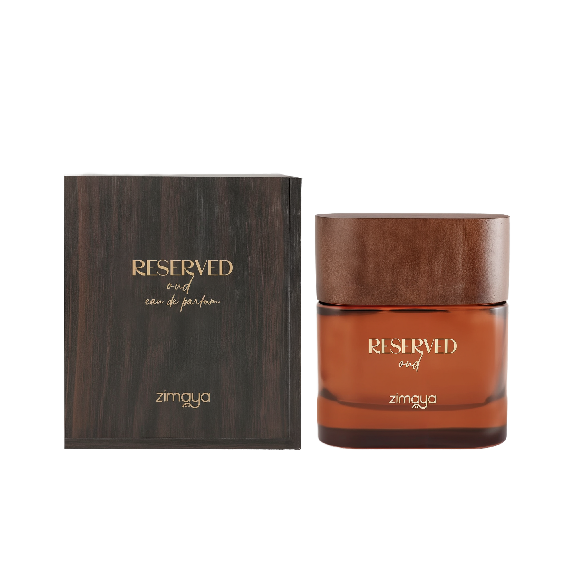 A bottle and box of Reserved Oud Eau De Parfum by Zimaya. The perfume bottle has a sleek amber-brown glass body with a smooth, rounded wooden cap. The front of the bottle features the text "RESERVED oud" in elegant gold and white fonts, along with the Zimaya logo at the bottom. The matching box is designed with a dark woodgrain texture and gold-embossed lettering that mirrors the bottle’s design, creating a sophisticated and earthy aesthetic.
