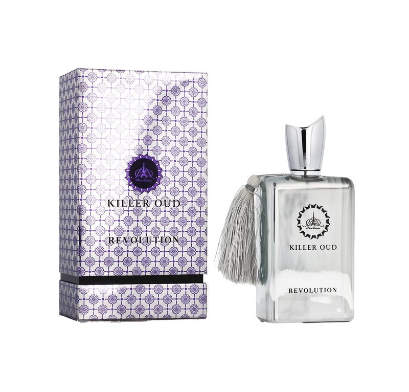 A rectangular silver perfume bottle with a silver tassel and a metallic cap, labeled “Killer Oud Revolution,” standing beside a coordinating box featuring a purple and silver geometric pattern.