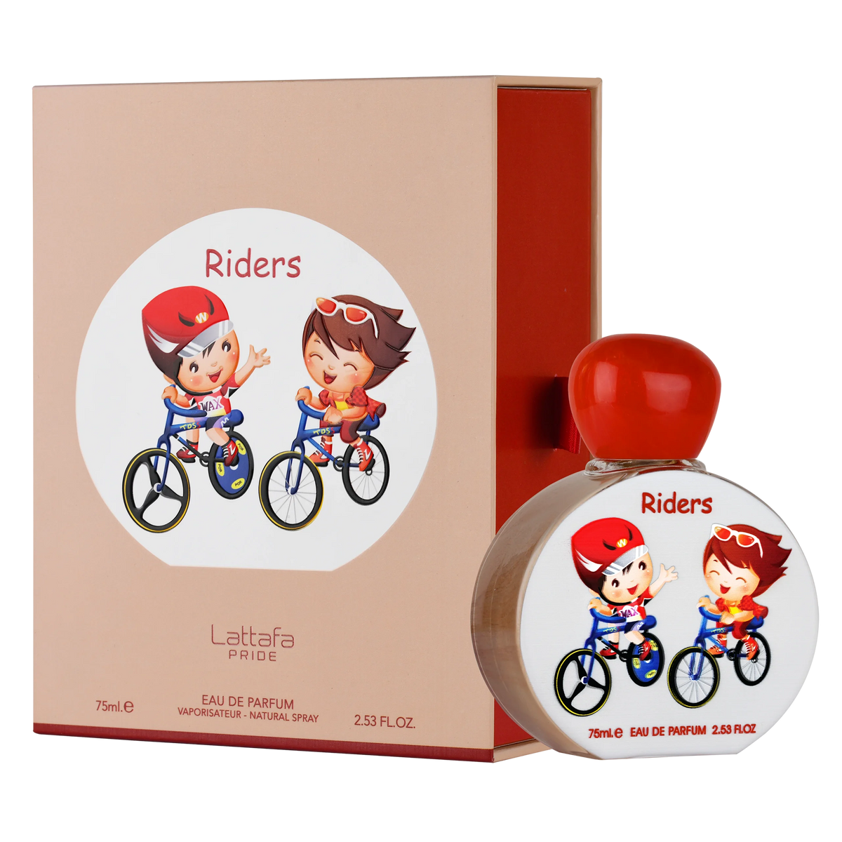 Lattafa Riders Eau De Parfum, bottle and packaging featuring cartoon illustration of two children riding bicycles.