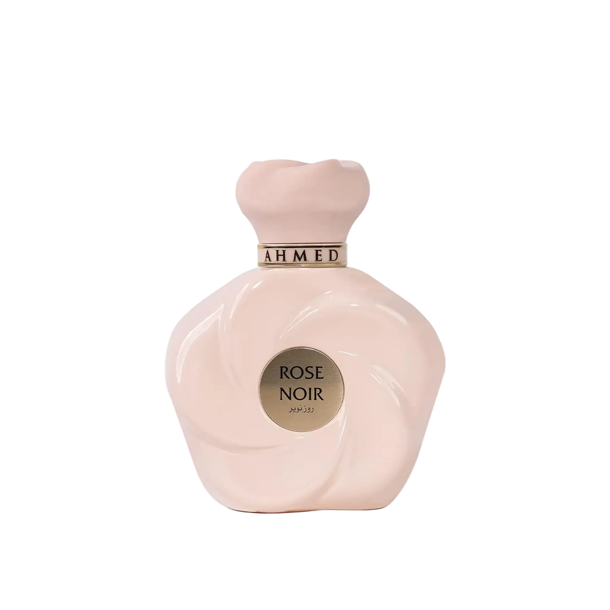 Rose Noir perfume bottle by Ahmed in a soft blush pink sculpted design with a matching cap and gold accent collar.
