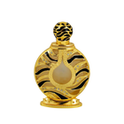 The image displays an ornate perfume bottle:  The bottle has a spherical shape with a flat base, finished in a shiny gold color. It features black and gold patterned designs with inset gem-like crystals. 