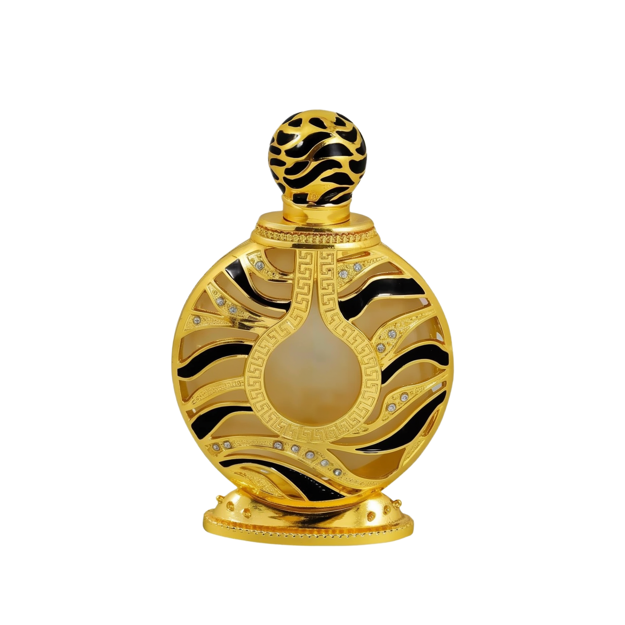 The image displays an ornate perfume bottle:  The bottle has a spherical shape with a flat base, finished in a shiny gold color. It features black and gold patterned designs with inset gem-like crystals. 
