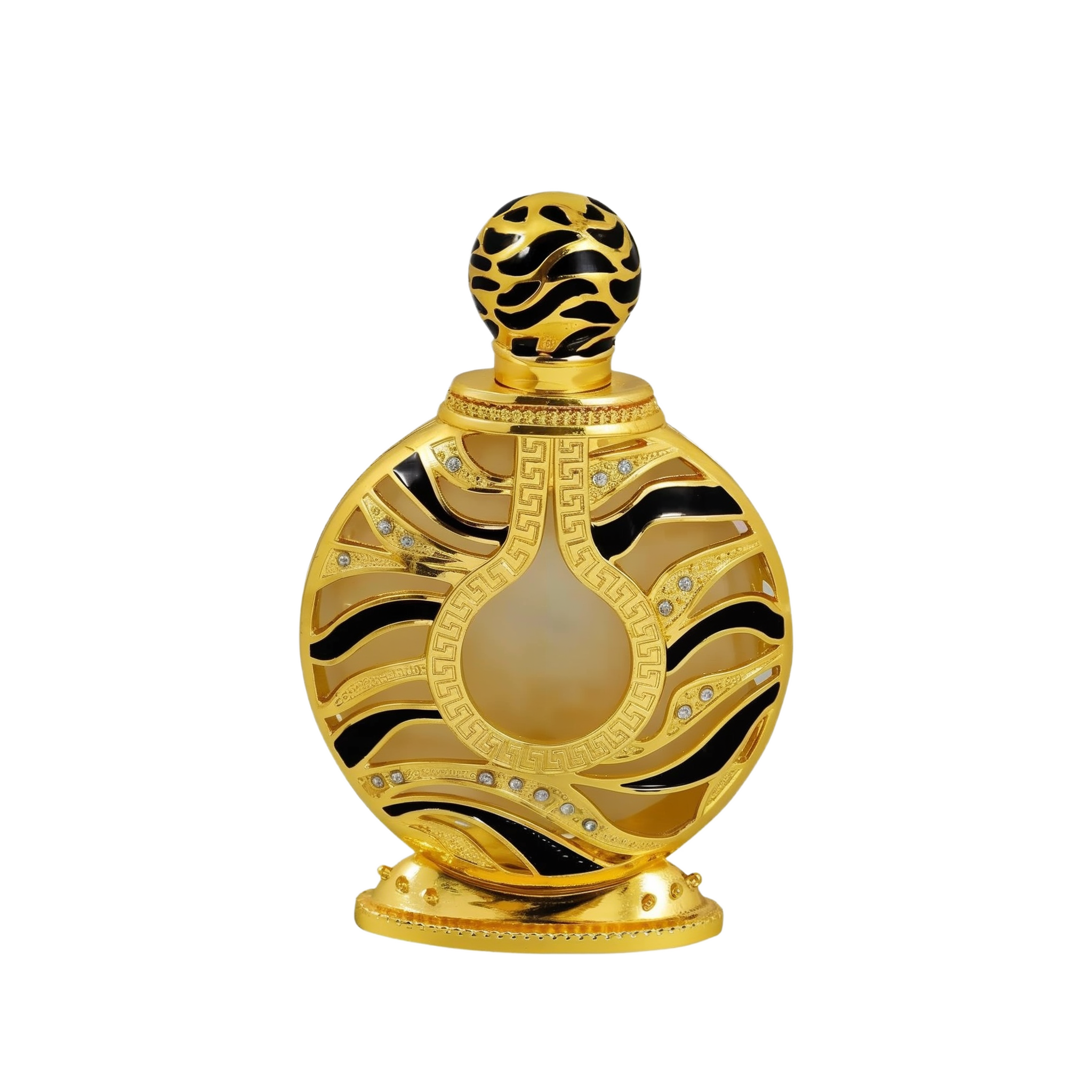 The image displays an ornate perfume bottle:  The bottle has a spherical shape with a flat base, finished in a shiny gold color. It features black and gold patterned designs with inset gem-like crystals. 