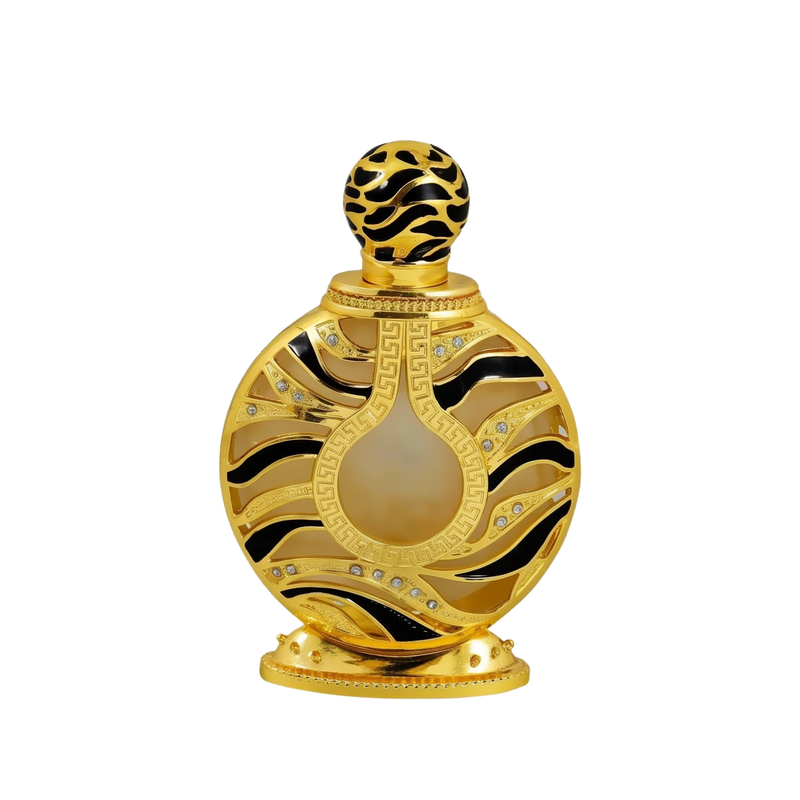 The image displays an ornate perfume bottle:  The bottle has a spherical shape with a flat base, finished in a shiny gold color. It features black and gold patterned designs with inset gem-like crystals. 