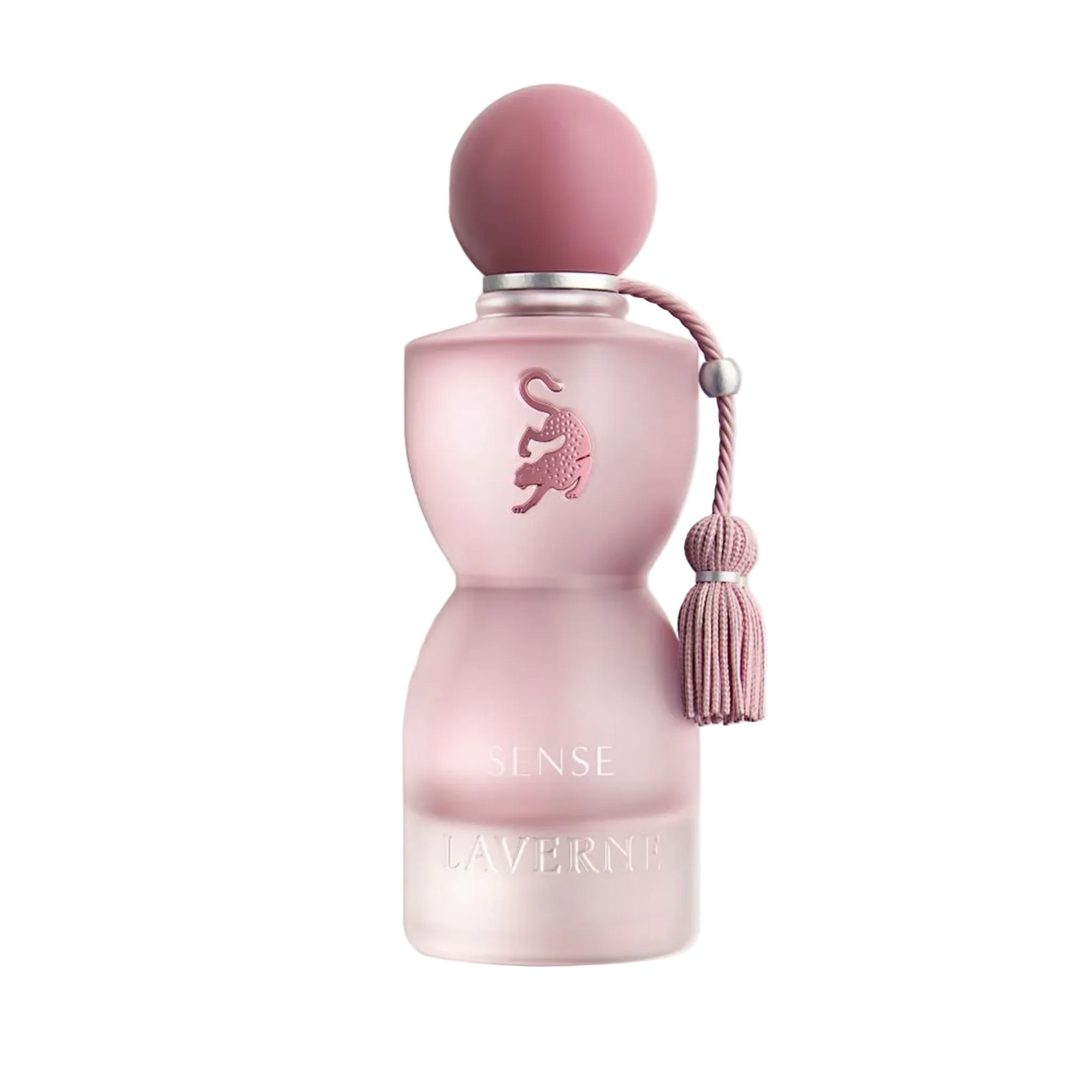 Pink frosted Sense perfume bottle by Laverne with tassel detail.