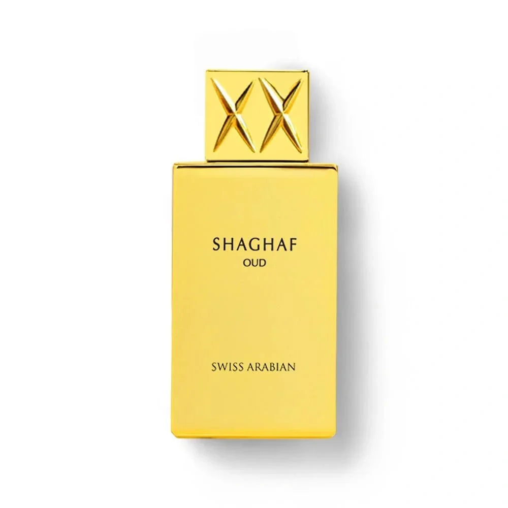 A rectangular gold perfume bottle with a matching gold cap featuring a stylized 'XX' design, labeled 'SHAGHAF OUD' and 'SWISS ARABIAN', on a white background.