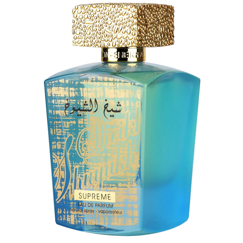 Sheikh Al Shuyukh Supreme perfume bottle, blue gradient glass with gold distressed pattern and a textured gold cap.