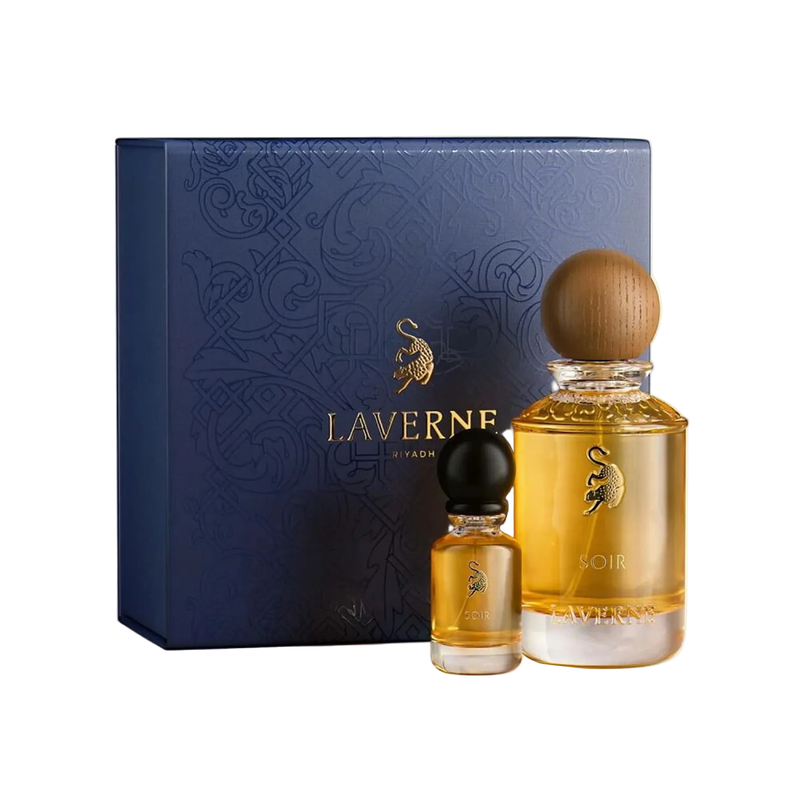 Soir perfume by Laverne with amber glass bottles and navy presentation box.