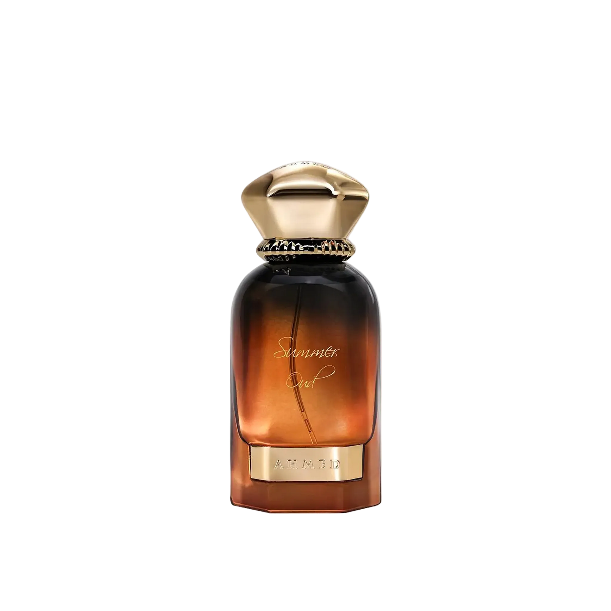 Summer Oud perfume by Ahmed in an amber gradient glass bottle with a gold cap and gold nameplate detail.