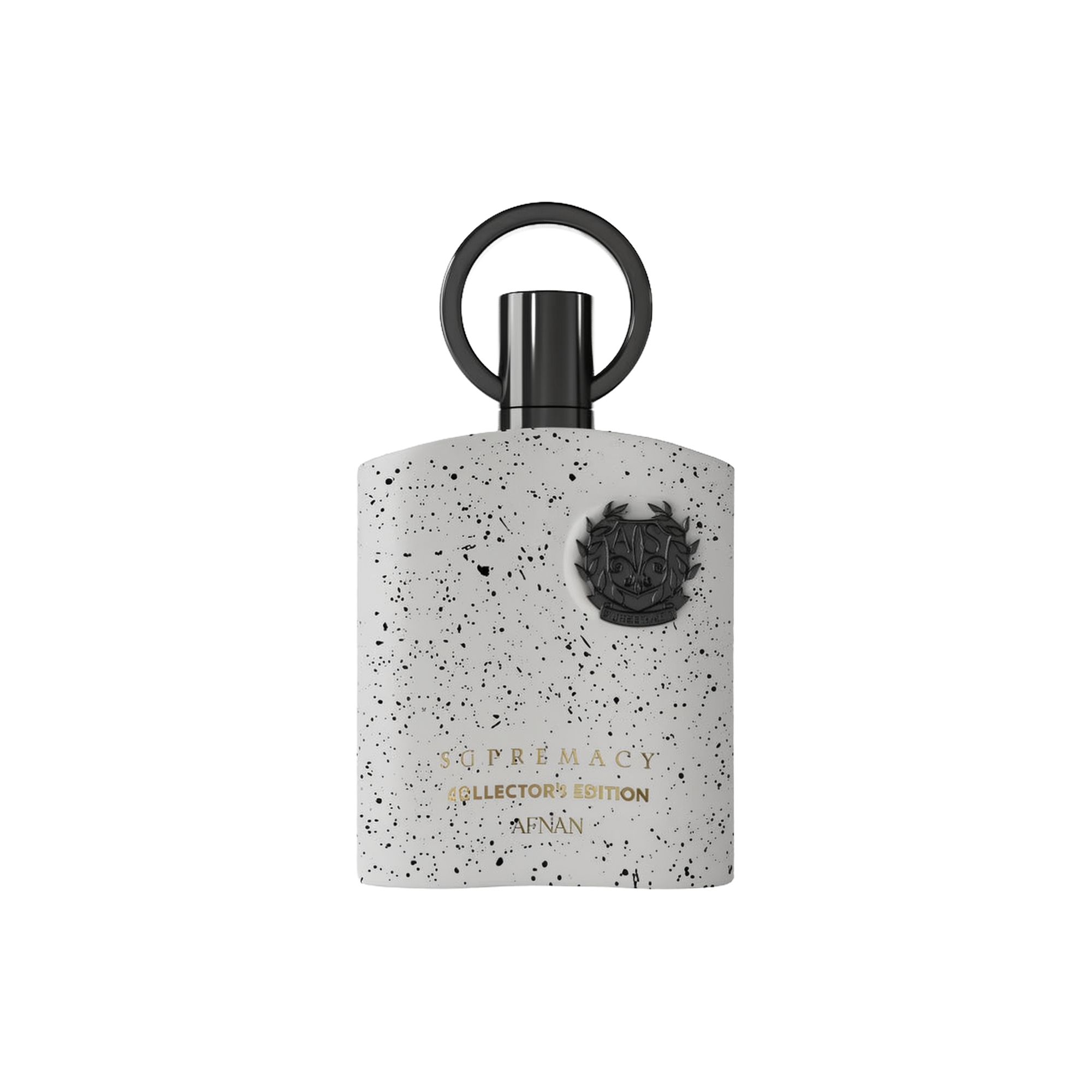 A grey, speckled fragrance bottle from Afnan’s Supremacy Collector’s Edition, featuring a circular black cap handle and an embossed black emblem on the front, displayed against a white background.