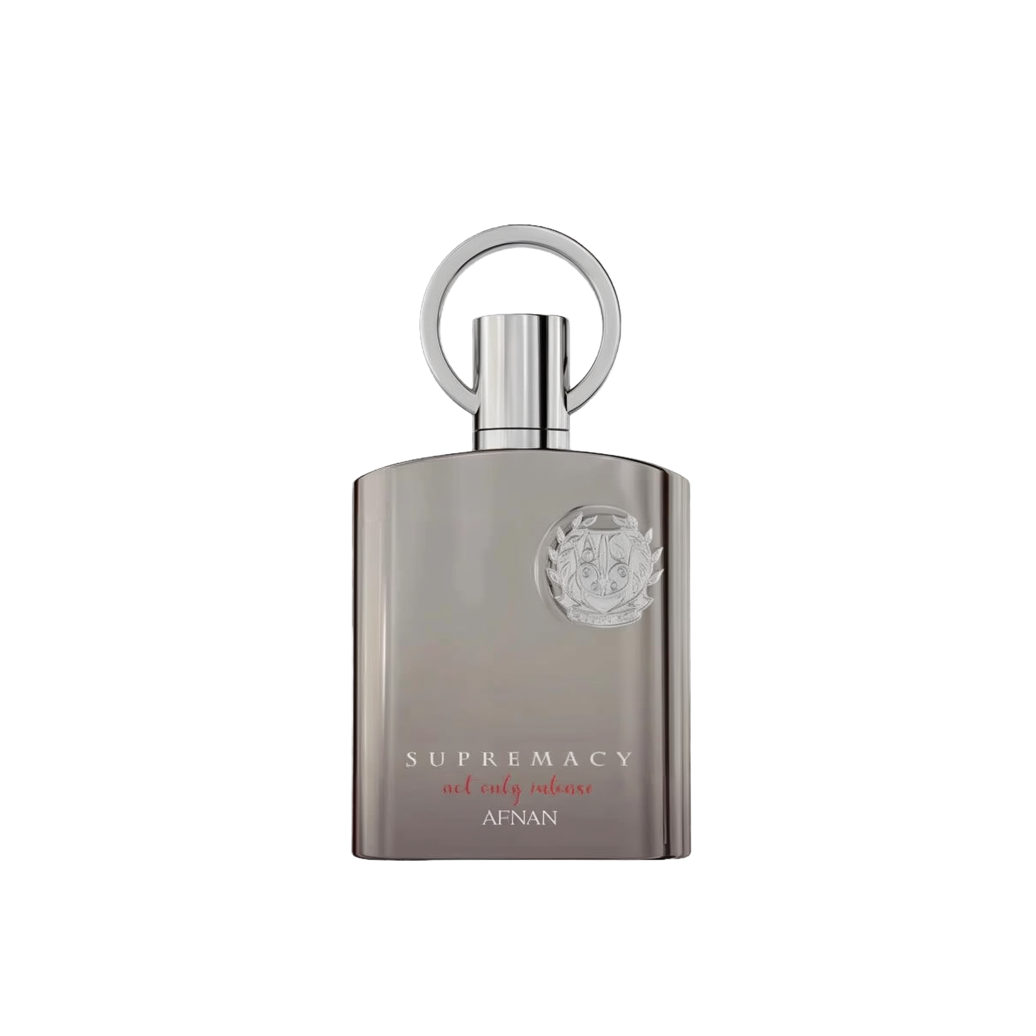 The image shows a perfume bottle with a sleek, modern design. The bottle is a muted silver-gray with a matte finish and a flat, rectangular shape. The cap is silver and features a prominent circular loop, which adds a touch of sophistication. Emblazoned on the front of the bottle is a raised silver emblem that adds a 3D effect, and below it, the words "SUPREMACY not only intense AFNAN" are printed in a subtle, elegant font. 