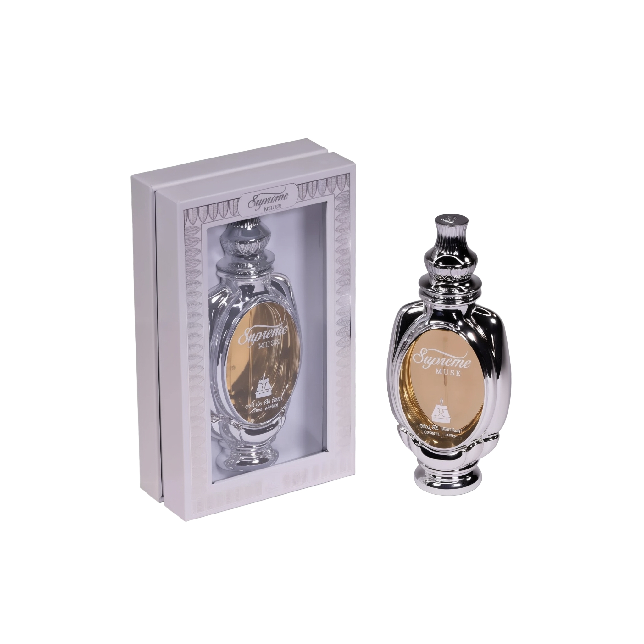 Supreme Musk Eau de Parfum, showing the perfume bottle outside its packaging. The bottle has a traditional and ornate design.