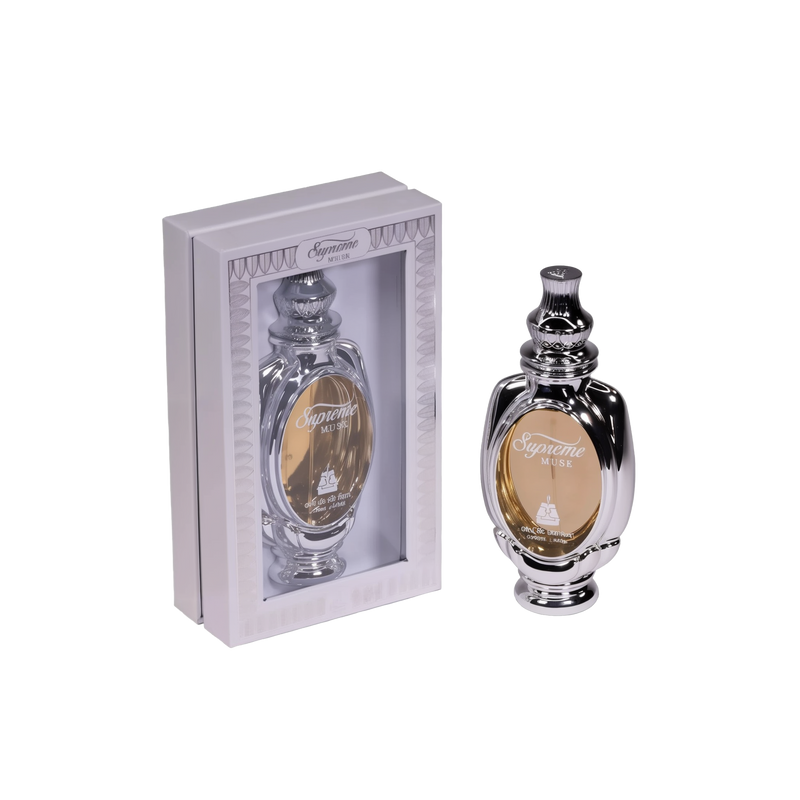 Supreme Musk Eau de Parfum, showing the perfume bottle outside its packaging. The bottle has a traditional and ornate design.
