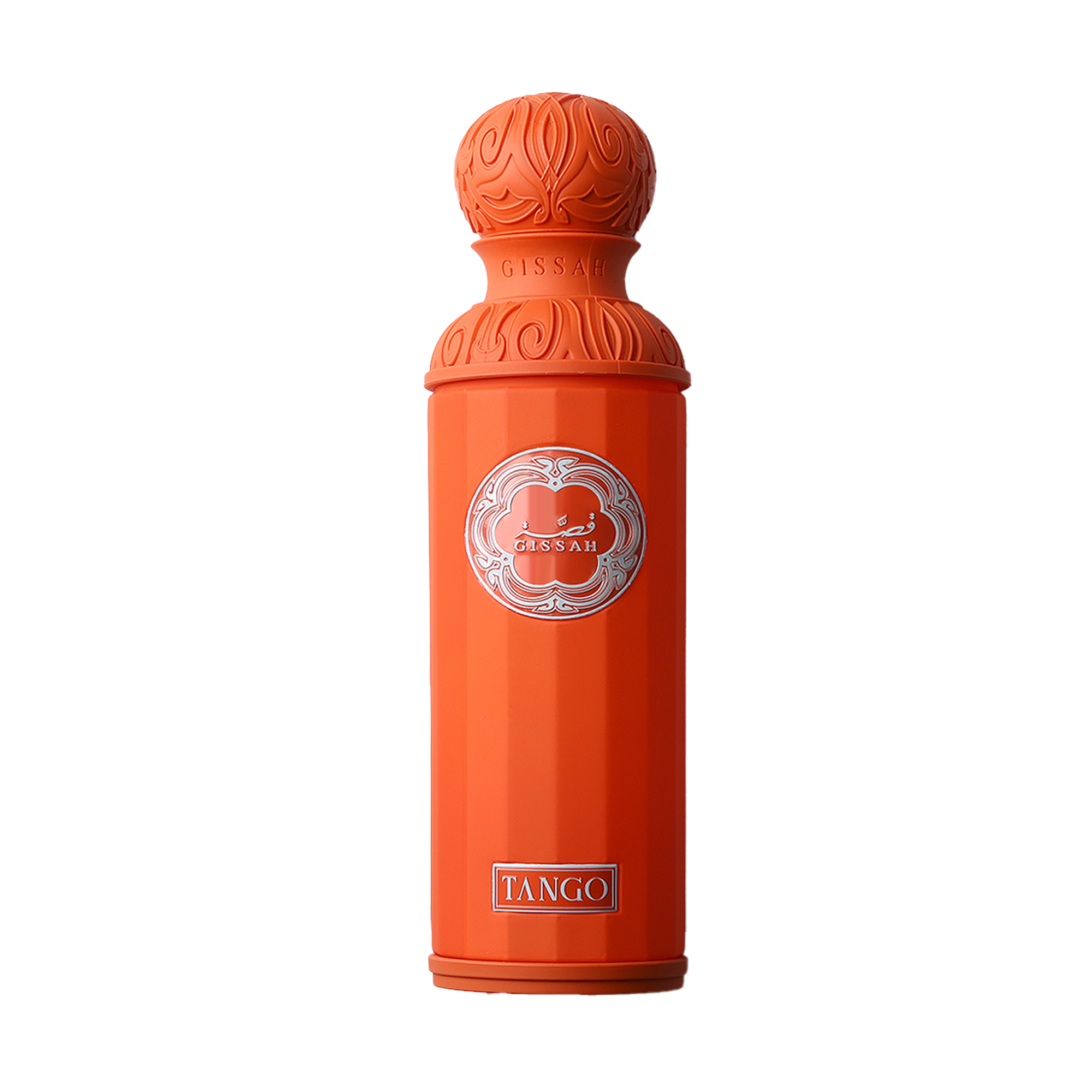 Tall orange perfume bottle with ornate round cap and Gissah Tango silver emblem on front.