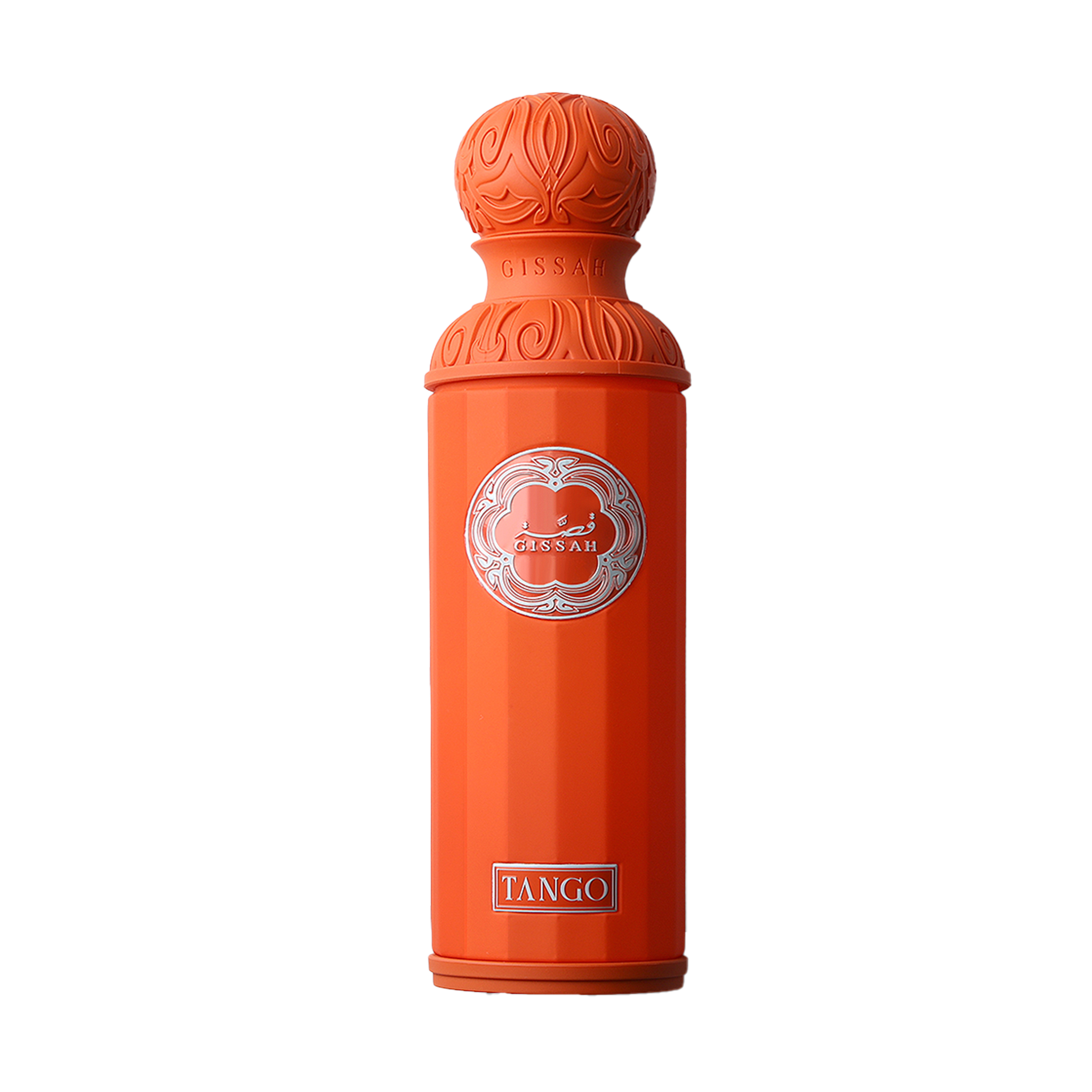 Tall orange perfume bottle with ornate round cap and Gissah Tango silver emblem on front.