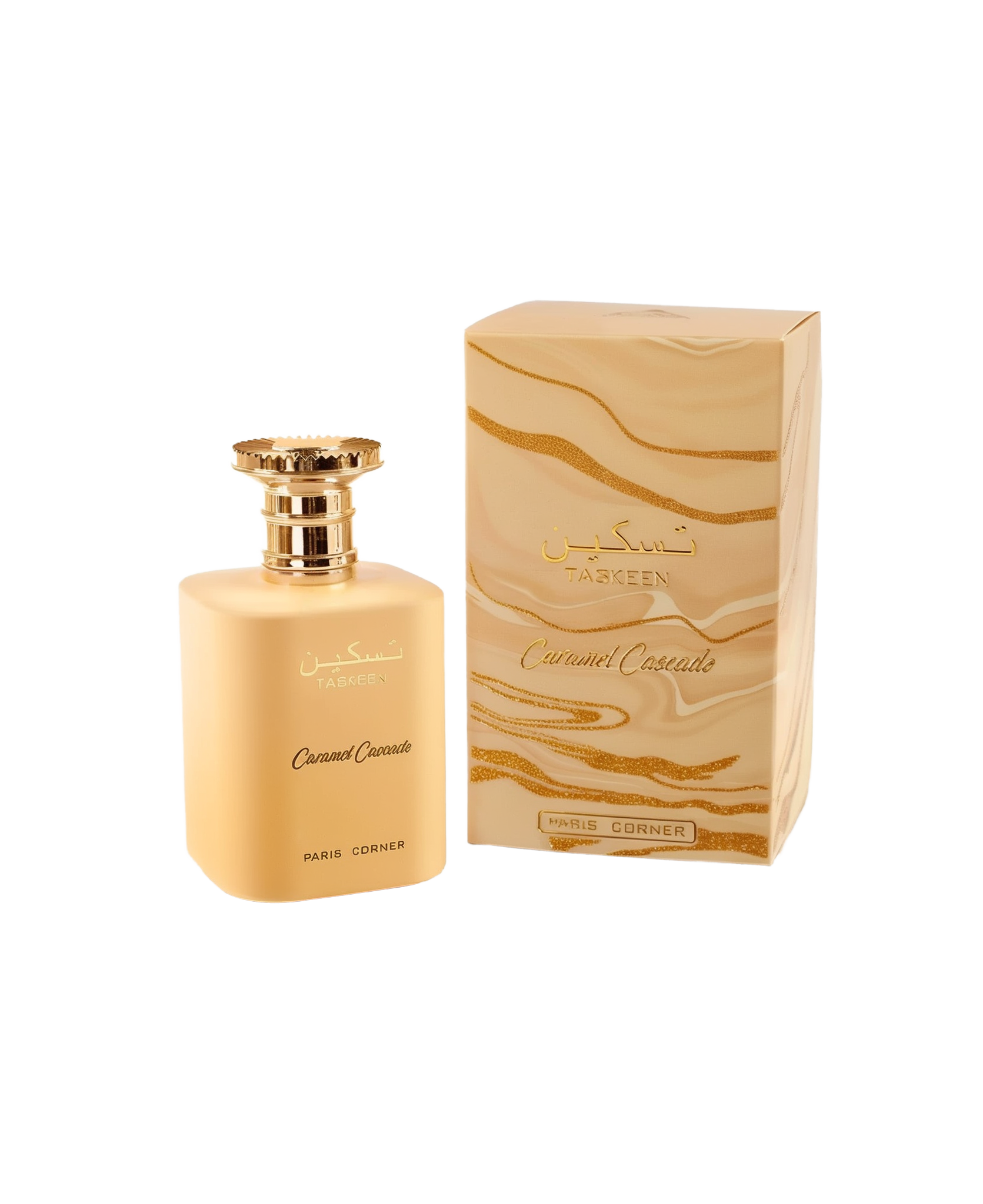 A rectangular beige box with gold, marble-like swirls, labeled “Taskeen Caramel Cascade” by Paris Corner, shown alongside a matching beige perfume bottle with gold lettering and a decorative gold cap.