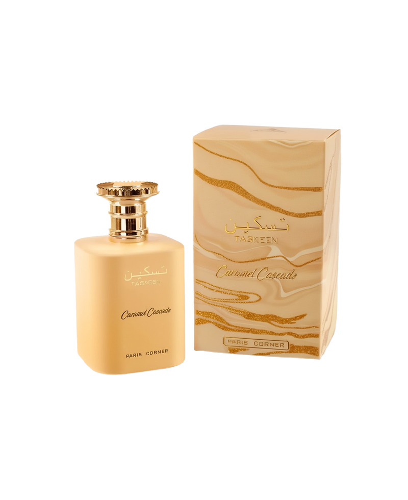 A rectangular beige box with gold, marble-like swirls, labeled “Taskeen Caramel Cascade” by Paris Corner, shown alongside a matching beige perfume bottle with gold lettering and a decorative gold cap.