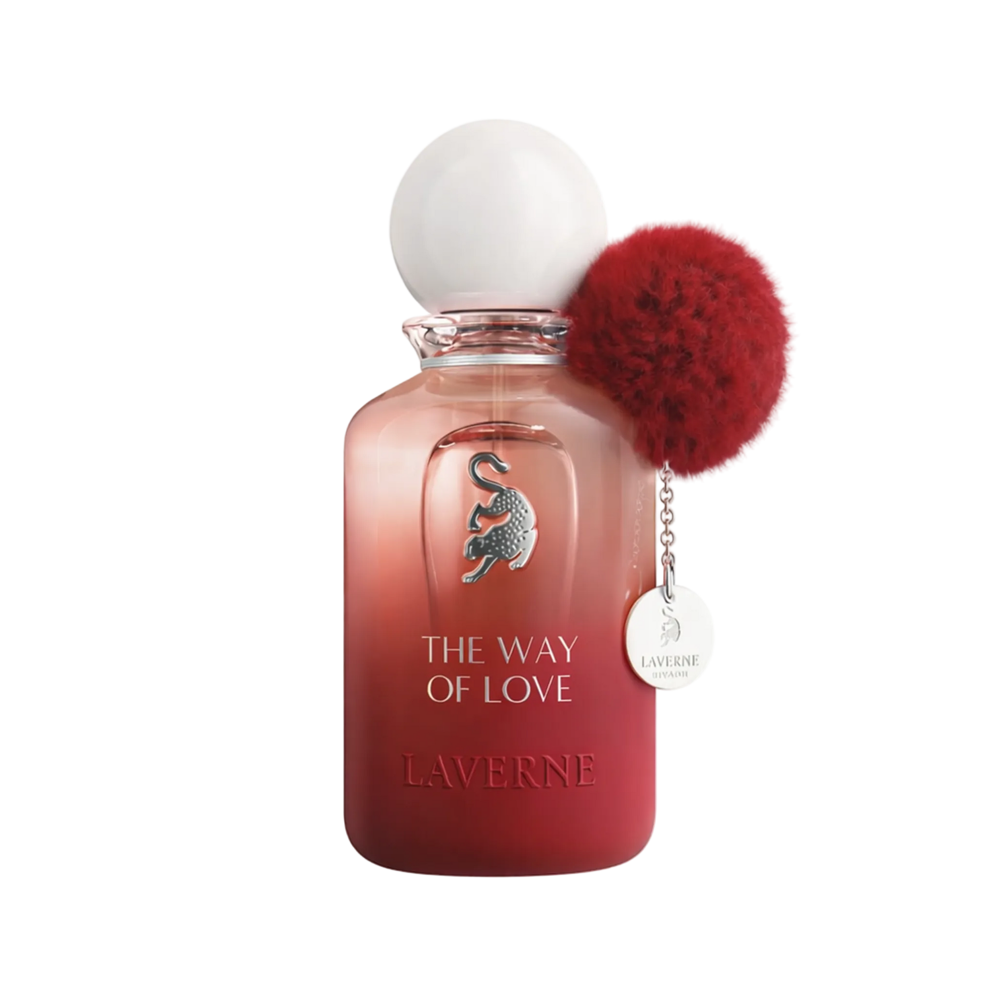 Red gradient perfume bottle with round cap, cat emblem, and red pom pom charm labeled “The Way of Love”.