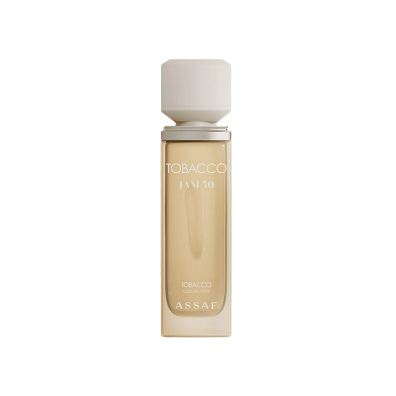 Assaf Tobacco Jam 50 perfume bottle in clear rectangular glass with warm amber liquid and a white cap.