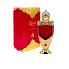 The image shows a luxurious perfume bottle next to its packaging. The bottle has a rich red color with a golden cap, detailed with intricate patterns.