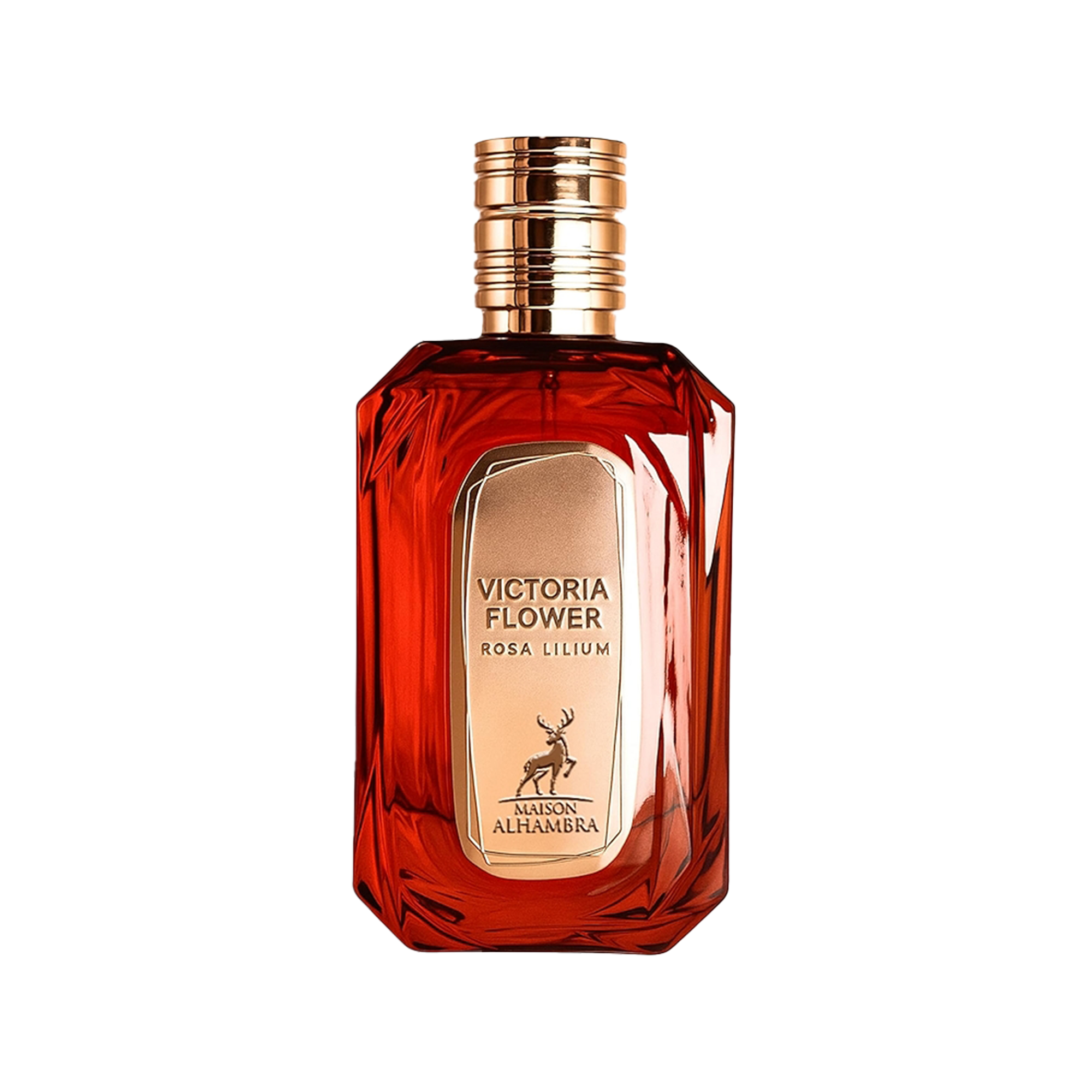 Maison Alhambra Victoria Flower Rosa Lilium perfume bottle in red glass with gold label and cap.