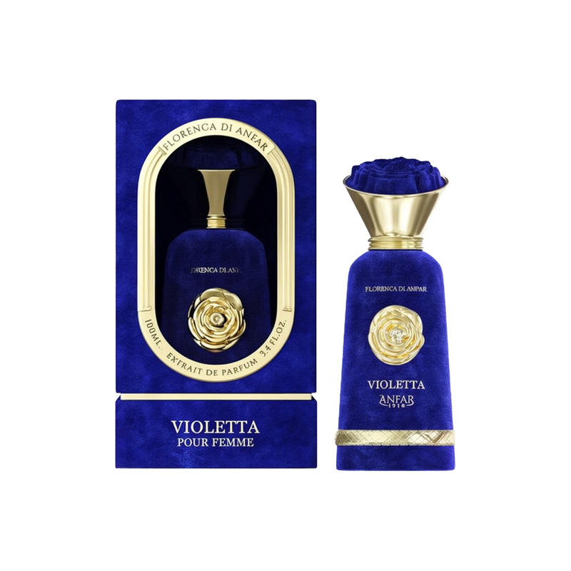The image displays the "Violetta Pour Femme Extrait De Parfum" from the "Florenca Di Anfar" collection. The perfume bottle has a luxurious, deep blue velvet finish and is adorned with a golden rose emblem on the front. It features a gold, flared cap with 