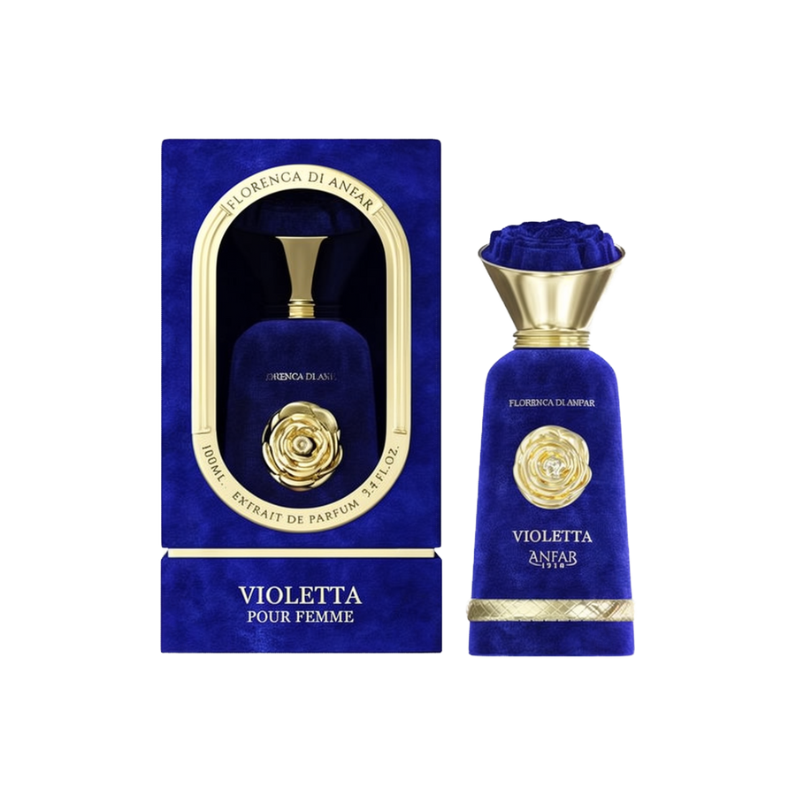 The image displays the "Violetta Pour Femme Extrait De Parfum" from the "Florenca Di Anfar" collection. The perfume bottle has a luxurious, deep blue velvet finish and is adorned with a golden rose emblem on the front. It features a gold, flared cap with 