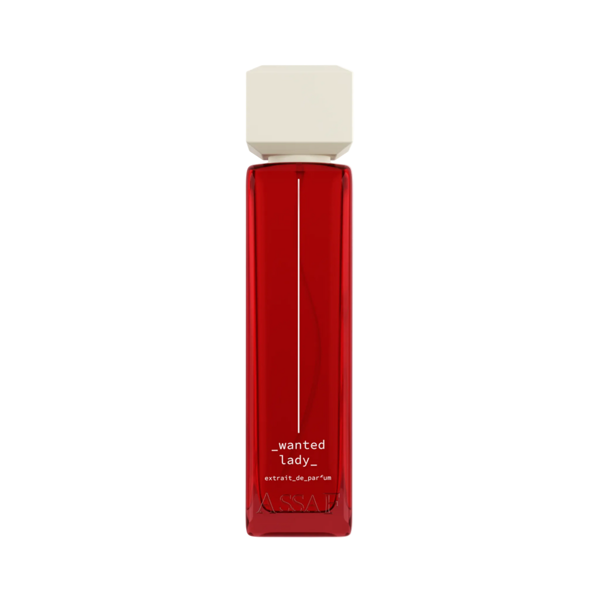 Assaf Wanted Lady Extrait De Parfum in a sleek translucent red glass bottle with an ivory square cap.