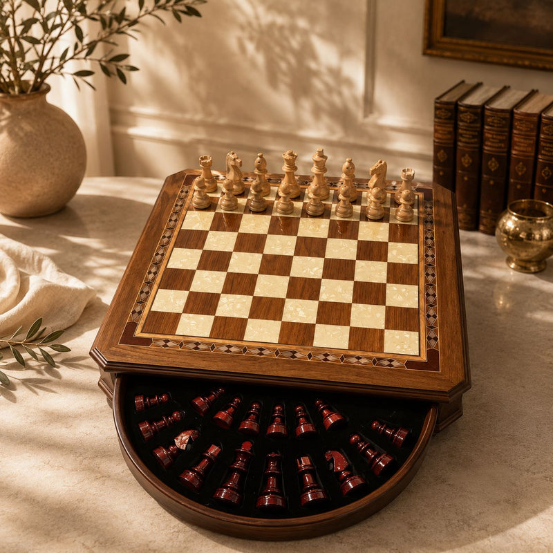 Chess Board With Rotating  Drawer Complete With Chess Pieces